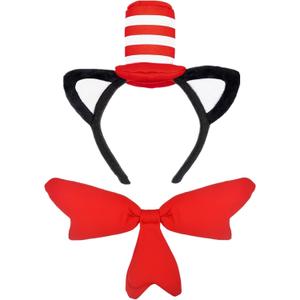 HIPIHOM Cat Ears Headband with Hat Red and White Striped Hat and Bow Tie Set Cat and Hat Costume Headwear Accessories for Women Men Halloween Party Favors
