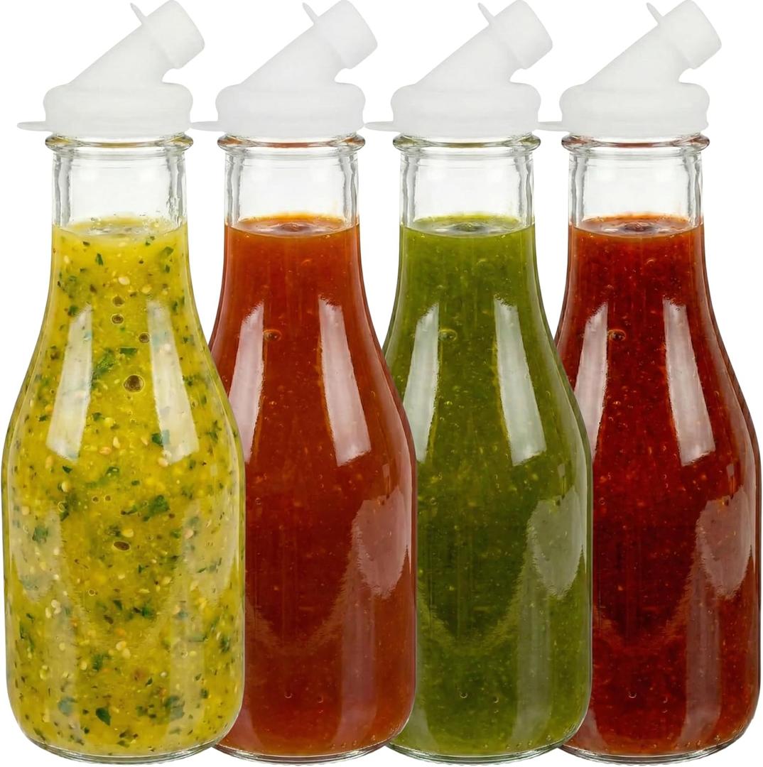kitchentoolz 4 Pack  32oz Glass Salad Dressing Shaker Bottles  Tall Dressing Dispenser Containers with Pour Spouts and Tamper-Proof Lids for Marinades and Sauces