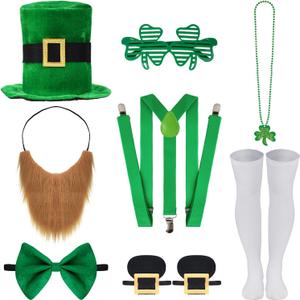 8 Pcs St Patrick's Day Costume Set with Hat Beard Suspender Necklace Glasses Bow Tie Socks Shoe Buckles for Men Adult Party Suit Outfit (Green)