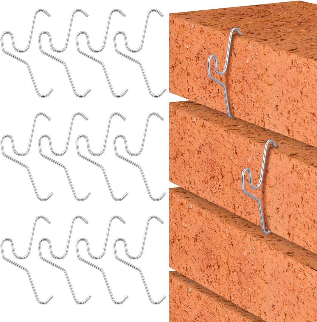 12 Pack Brick Hook Wall Clips Installed Require More Than 1/8" Brick Gap Fits 2-1/4 to 2-2/5 Inch High Bricks Mounting Without Drilling for Outdoor Hanging Wire Wreath (Silver)