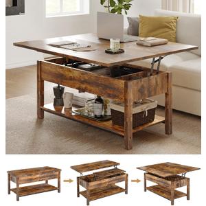 FABATO Lift Top 4-in-1 Multi-Function Convertible Coffee Table With Storage, Converts to Dining Table for Living Room, Reception Room, Office - Rustic Brown