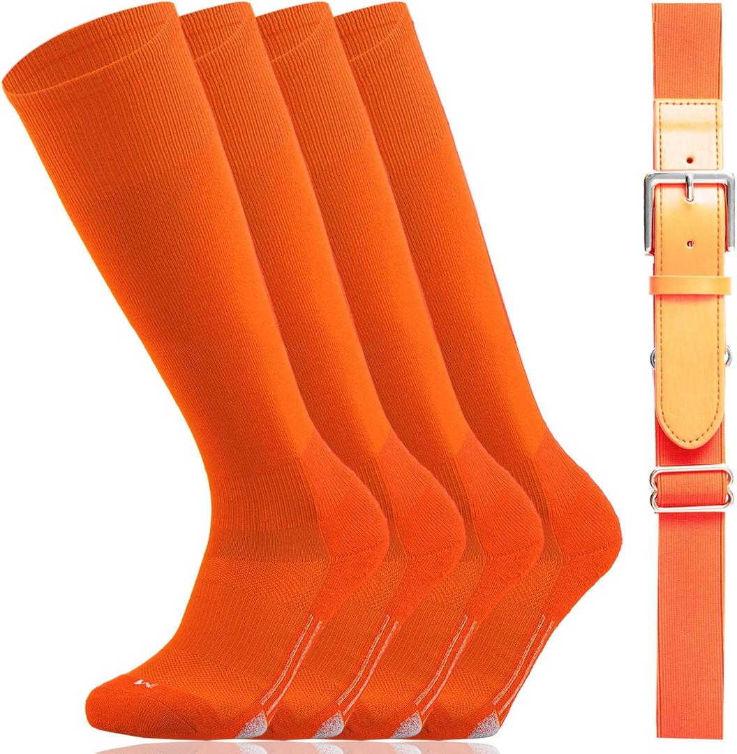 2 x Youper Youth Baseball/Softball Belt & Socks Combo Set (2 Pairs of Socks & 1 Belt) (Orange)