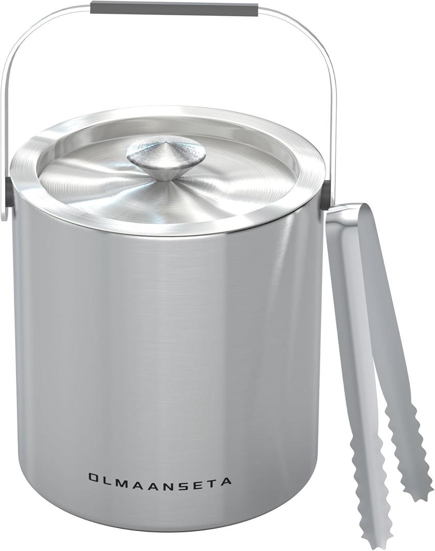 Olmaanseta Small Ice Bucket with Lid and Tongs,1.3L Portable Mini Double Walled Ice Cube Bucket for Cocktail Bar Stainless Steel Cute Insulated Ice Buckets for Parties