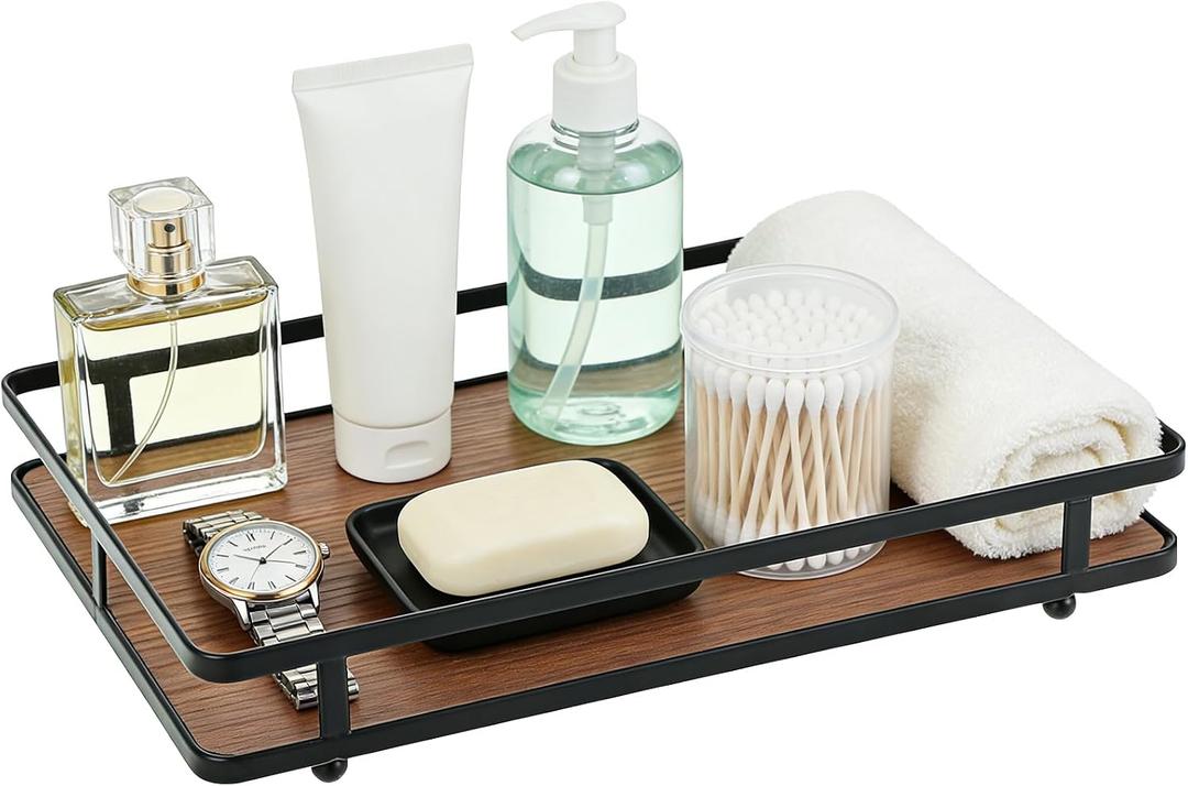 Bathroom Vanity Tray for Countertop 11.4" x 7.5" Decorative Wooden Organizer for Makeup Soap Dispenser and Perfume Accessories Wood Tray for Bathroom Countertop Toilet Tank and Kitchen Decor