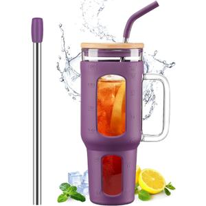Glass Tumbler with Lid and Straw, 46 oz Iced Coffee Cup with Handle, Glass Water Bottles with Silicone Sleeve, BPA Free-Purple