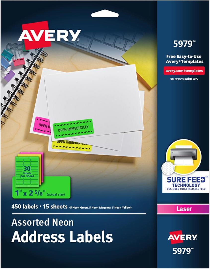 Avery Printable Address Labels with Sure Feed, 1" x 2-5/8", Assorted Neon (Magenta, Green and Yellow), 450 Blank Mailing Labels for Laser and Inkjet Printers (5979)