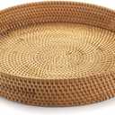 16.9 inch Round Rattan Tray, Woven Large Serving Tray with Handles, Wicker Serving Basket, Coffee Table Decor for Living Room, Whitewash
