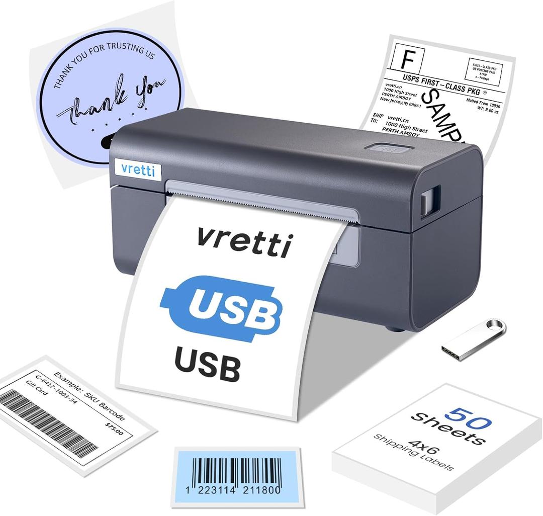 vretti USB Shipping Label Printer,High Speed Direct Thermal 4x6 Label Printer for Shipping Packages and Small Business,Widely Used for Amazon, Ebay, Shopify, Etsy, USPS