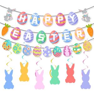 Happy Easter Banner Easter Decorations for Home Garland Eggs Banner Cute Bunny Hanging Swirl for Spring Decor Party