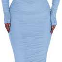 PRETTYGARDEN Women's Fall Off The Shoulder Maxi Dress Spring Long Sleeve Ruched Fitted Bodycon Club Dresses with Slit (Medium, Light Blue)
