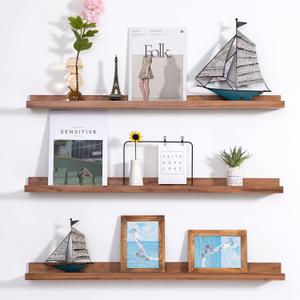 MBYD 48 Inch Wood Photo Picture Ledge Shelf, Light Walnut Wall Floating Nursery Book Shelves, Wall Mount Hanging Display Shelves for Bedroom Office Bathroom Living Room Dcor, 3 Same Sizes