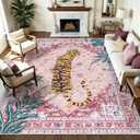 Ileading Vintage Oriental Tropical Jungle Hippie Tiger Area Rug 8x10 Non Slip Carpet for Living Room Pink Soft Low-Pile Thin Machine Washable Accent Floor Mat for Bedroom Dining Nursery