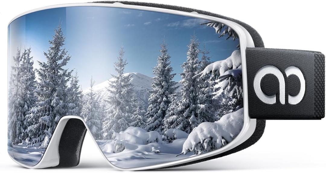 Lamicall Ski Goggles with 3X Anti-Fog - 100% UV Protection, OTG, Gifts for Skiing, Snowboard, Snowmobile, Men, Women (White Frame - Silver Lens)