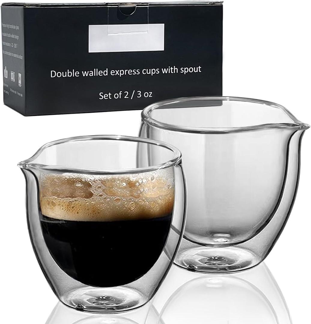 Double Walled Glasses Espresso Cups with Spouts set of 2, 3oz Clear Short Espresso Mugs, Insulated and No Condensation