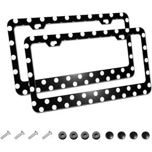 2Pack White Black Racing Polka Dot Car License Plate Frames, Aluminum Car Tags Frame with Screws Caps