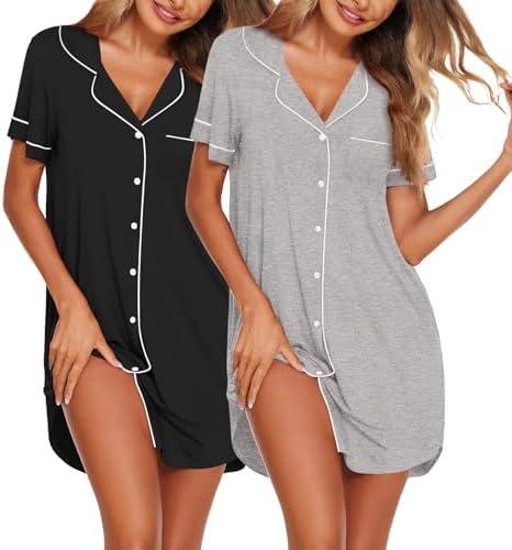 Ekouaer Nightgowns for Women 2 Pack Button Down Sleepwear Short Sleeve Sleepshirts Soft Nightshirts Boyfriend Pajama Dress XL
