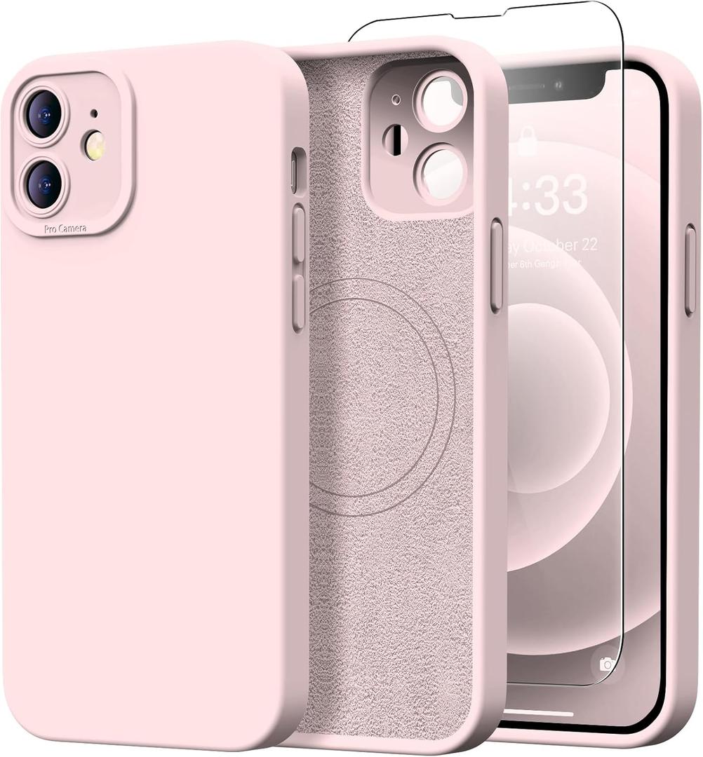 Designed for iPhone 12 Mini Case with Screen Protector - Upgraded Camera Protection - Wireless Charging Compatible - Silicone Protective Phone Case 5.4" for Men Women Girls - Pinky White