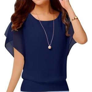 Neineiwu Women's Summer Loose Casual Short Sleeve Chiffon Top T-Shirt Blouse (X-Large, Dark Blue)