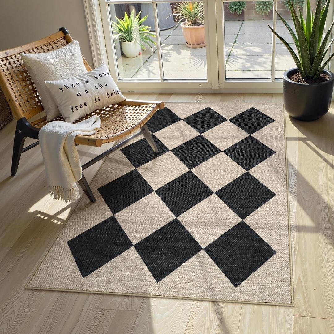 Collive Checkered Easy Jute 3x5 Outdoor Area Rugs, Washable Modern Entryway Rug Non Slip, Woven Indoor Doormat Black Diamond Carpet for Kitchen Bedroom Front Door Porch Patio Backyard