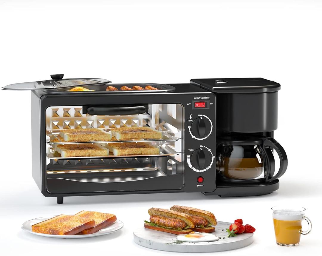 Breakfast Station, Toaster with Frying Pan, Portable Oven Breakfast Maker with Coffee Machine, Non Stick Die Cast Grill/Griddle for Bread Egg Sandwich Bacon Sausages (Black F) (Black F)