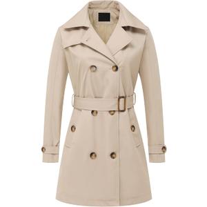 Chrisuno Women's Double Breasted Trench Coats Mid-Length Belted Overcoat Long Dress Jacket with Detachable Hood (X-Large, Khaki)