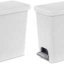 Sterilite 2.7 Gallon Rectangular StepOn Wastebasket, Small, White lid and base with Titanium pedal and Liner