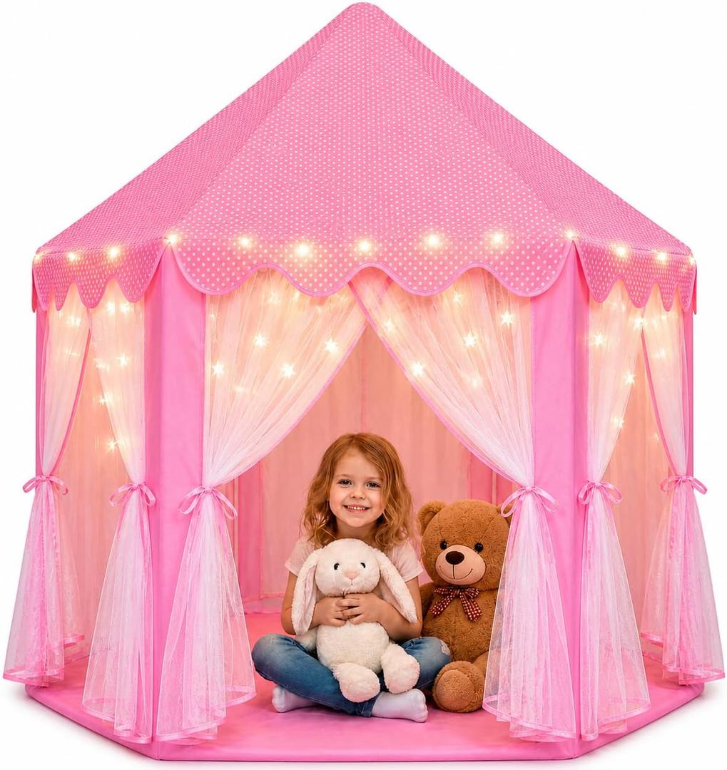 Orian Princess Tent for Kids, Toddler & Kids Pink Play Tent Indoor & Outdoor Princess Castle Fort for Girls and Toddlers Ages 2-7, 55"x53", LED Star Lights, Children's Toys and Gifts for Girls