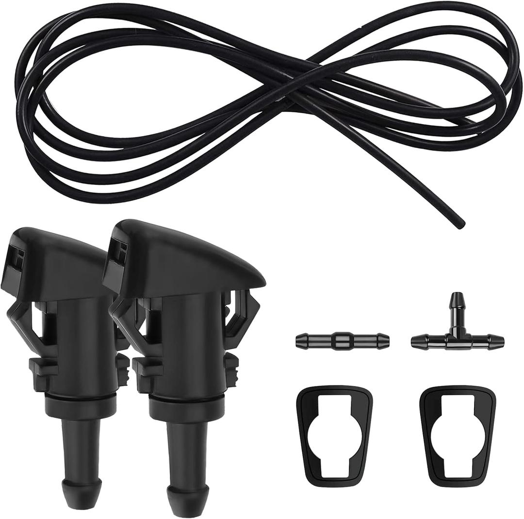 Windshield Washer Nozzles Kit, Washer Jet and 2 Meter Fluid Hose with Connector, Windshield Washer Hose Kit Compatible with Chrysler, Dodge, Jeep, Replaces OEM #: 4805742AB, 5113049AA (Black)