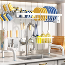 Over The Sink Dish Drying Rack, Adjustable (25.5 to 36.5 inch) 2 Tier Metal Steel Dish Drying Racks for Kitchen Counter with Hooks Paper Towel Utensil Cup Holder Sink Caddy (White)