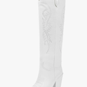 ISNOM Women's Cowgirl Boots Pull On Knee High Boots, Cowboy Western Embroidered Chunky Block Heel Pointed Toes Boots, 8 