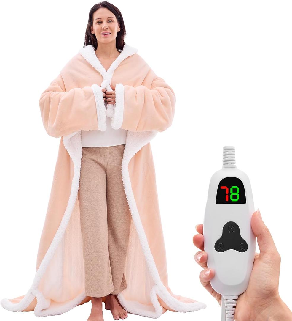 Heated Wearable Blanket Electric Snuggle - Heated Robe with Foot Pocket and Sleeves for Adult, Winter Gifts for Mom Women 5-Position Timer 10-Heating Levels,50 * 70",Pink