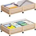 Wisuce Bamboo Under Bed Storage Containers- Underbed Organizer with Wheels with Dust Bag,Sturdy Wood Rolling Under the Bed Shoe Storage Organizer Drawers (Nature, 2 Pack (33.07"x16.54"))