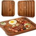 4 pcs Acacia Wood Steak Plates,Carnivore Cutting Board for Eating, Carved Meat Wooden Plate, Food Serving Tray,Cheese Charcuterie Boards with Deep Grooves & Hidden Handles