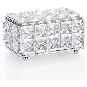 ELLDOO Crystal Jewelry Box Rectangle Trinket Organizer with Lid Earrings Rings Vintage Treasure Keepsake Box for Valentine Wedding Dresser Bedroom Decoration, Silver (Large)