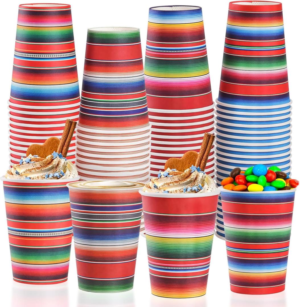 100 Pack Fiesta Paper Cups Mexican Serape Disposable Beverage Cups Cinco De Mayo Party Decorations for Mexican Fiesta Birthday Party Supplies (9 oz)