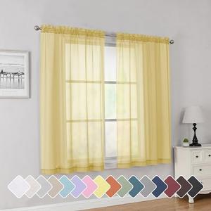 Simplebrand Yellow Short Sheer Curtains 45 Inch Length for Small Windows, Rod Pocket 2 Panels Set Solid Voile Drapes Window Sheer Curtains for Bedroom Bathroom Kids Room Kitchen, 42x45 Inch, 2pcs