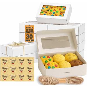 30 Pack Treat Boxes for Desserts - Cookie Boxes with Window for Gift Giving – 9x6x3 Inches Small Cookie Containers for Strawberries, Cupcake, Candy, Charcuterie, Pastry, Donuts, Baked Goods (White)