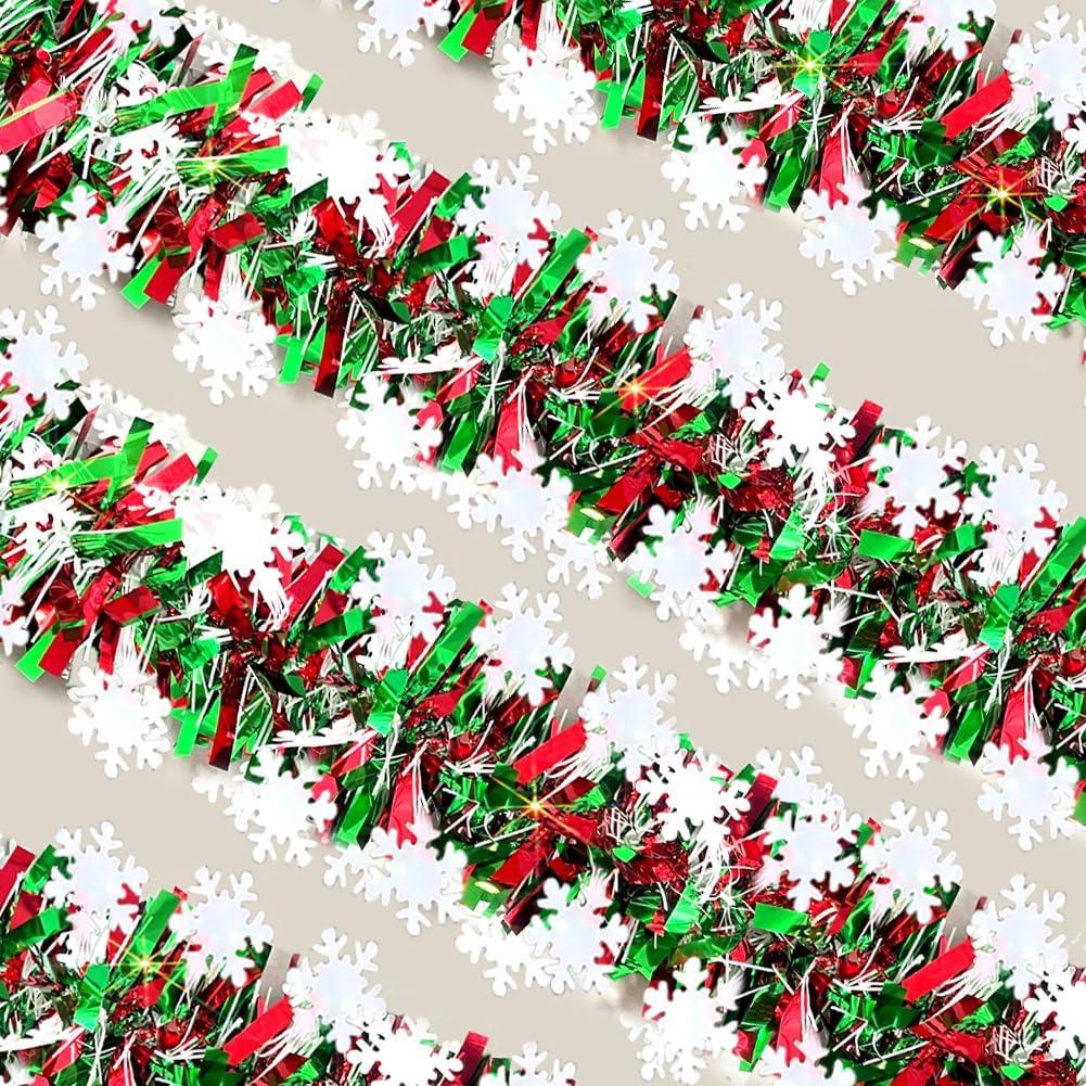 66 Ft Christmas Tinsel Garland Shiny Thick Red & Green with Snowflake Design Hanging Xmas Tree Decorations Metallic Twist Foil Garland for Christmas Birthday Holiday Indoor Outdoor Party Decor