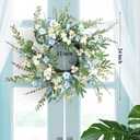 Spring Wreaths for Front Door, 24 Inch Spring Door Wreath with Blue White Wildflower, Spring Wreath for Farmhouse Outdoor Porch Home Wall