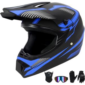 Youth Kids Dirt Bike Helmet Full Face Helmets,Motorcycle Helmets for Boys and Girls 8-14,Includes (Gloves Goggles Mask) 4Pcs Set,Motocross Bike Helmet for Off-Road ATV BMX MX,DOT Approved (Blue,L)