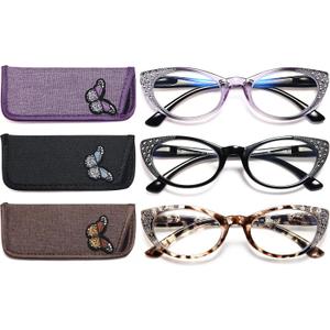 EYEURL 3-Pack Cat Eye Reading Glasses for Women Blue Light Glasses Fashion Computer Readers with Spring Hinge Anti-Glare Readers for Women 0.75 (Purple/Black/Tortoise)