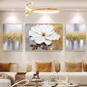 Hand-Painted Flower Oil Painting for Living Room,Framed 3D Gold and White Abstract (24x36 inches Middle Piece and 16x24 inches Side Pieces)