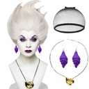 Wiggy Mermaid Sea Witch Wig+Shell Necklace+Earrings Accessories for Women Wicked Undersea Witch Cosplay, Short Silver White Grey Layered Crazy Wig+Cap for Halloween Costume Cosplay