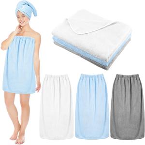 Cuffbow Bath Towel Wrap for Women Set Spa Shower Body Wraps Adjustable Closure Elastic Top Soft Robe with Microfiber Hair Drying Towel(Gray,White,Blue)