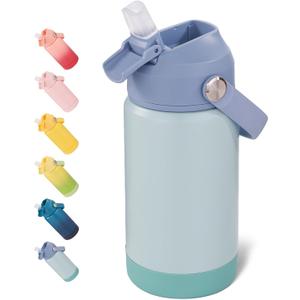 12 oz Water Bottle, Kids Water Bottles for School, Toddler Water Bottle with Straw & Handle, 304 Stainless Steel Insulated Water Bottle, Non-slip Silicone Base, BPA Free, Haze Blue