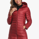 Obosoyo Women's Winter Packable Down Jacket Plus Size Ultralight Long Down Outerwear Puffer Jacket Hooded Coat M Red