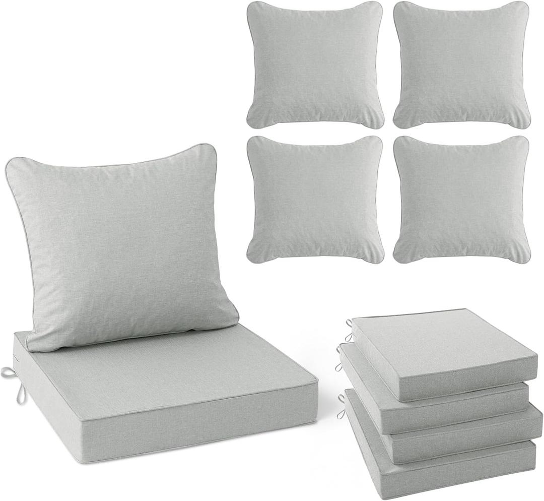 Summsun Patio Cushions for Outdoor Furniture, Faux Linen Water Resistant Backrest and Seat Cushion Set with Non-Slip Bottom, Straps, Removable Cover, 19 x 19 Inch, Light Grey, Set of 4, 4P/19*19+19*17 Inch
