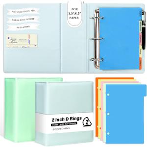 2 Pack 3 Ring Binder Junior Size Pu Leather Binder 2 Inch D Rings with 5 Colors Dividers 5.5" x 8.5" Holds Up to 500 Sheets with Pen Loop Pocket Small Binder for Office School (Green & blue)
