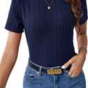 Women's Ribbed Knit Short Sleeve T Shirts Solid Color Mock Neck Slim Fitted Basic Knit Tees Basic Summer Tops