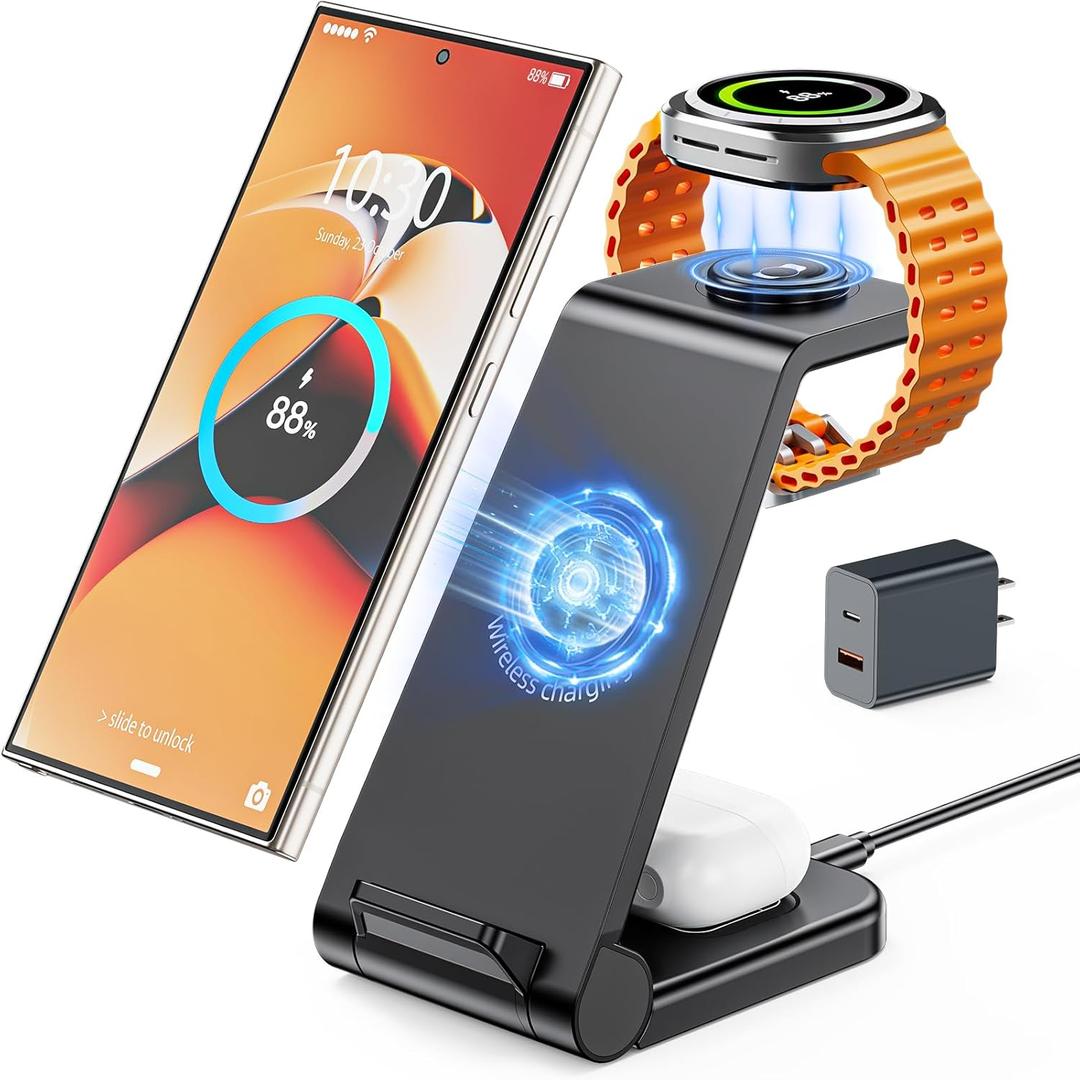 Wireless Charger for Samsung, 3 in 1 Wireless Charging Station for Samsung Galaxy Watch 8 7 6 5 4 3 Pro Classic Galaxy Buds 3/2 Pro,Charger for Samsung Galaxy S25 Ultra/S25/S24/S23/S22/S21/Note20